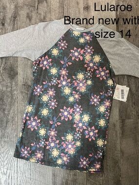 LuLaRoe Kids Raglan Tee in Charcoal with Purple, Pink & Cream Floral